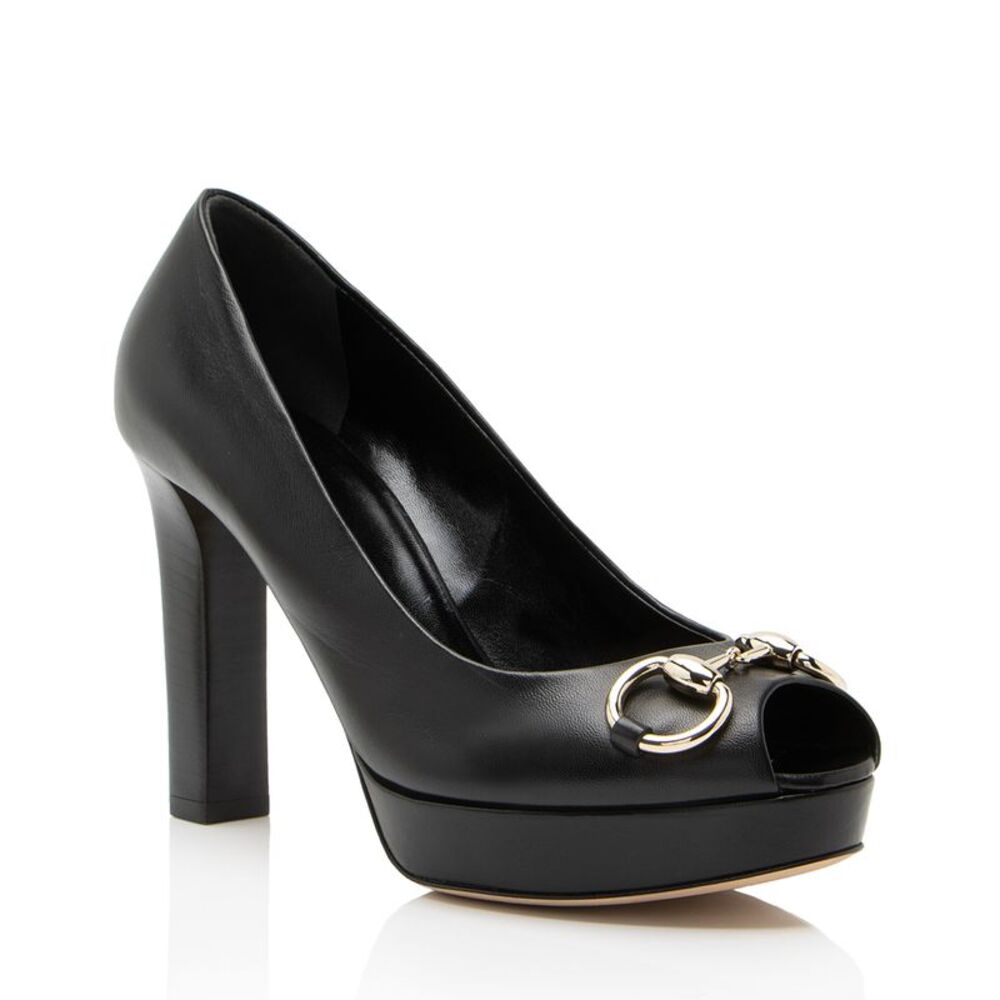 Gucci Leather Horsebit Platform Peep Toe Pumps - Size 7.5 / 37.5